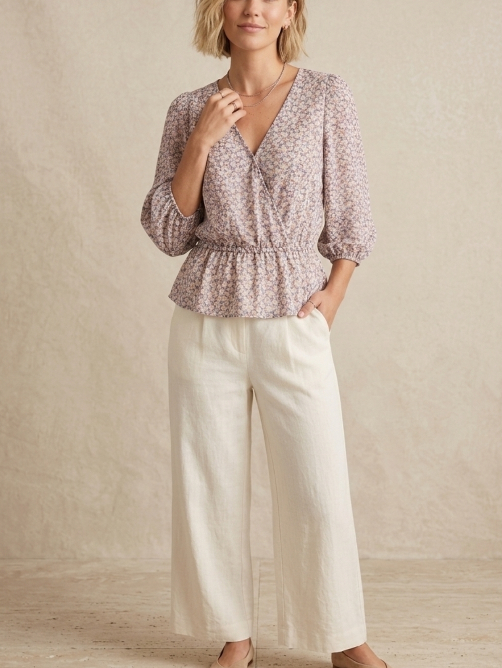 Sienna Sky Floral V-Neck Snap Front Peplum Blouse Small Pink Blue Cream Boho